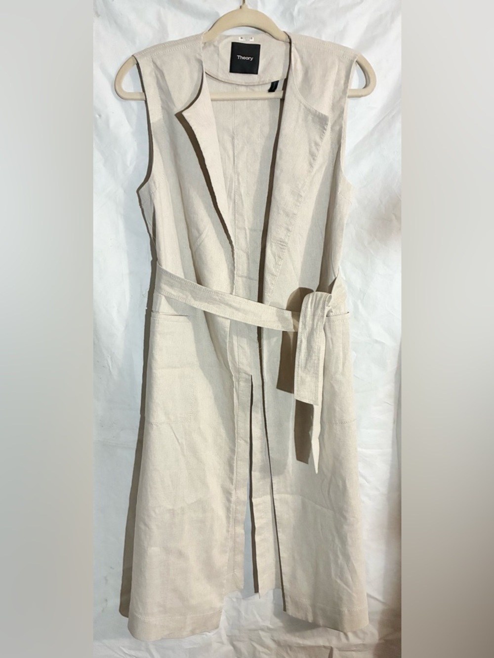 Theory Linen Long Lined Vest Sz PS Jacket Slits Belt Pockets Organic Coastal .